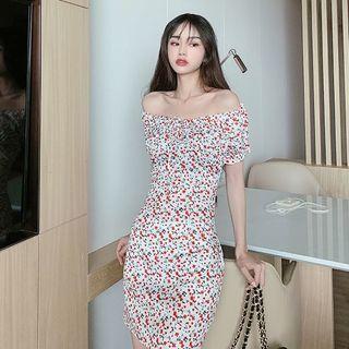 Off-shoulder Floral Print Slim-fit Dress