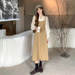 Mock Two-piece Long-sleeve Open-collar Midi A-line Dress