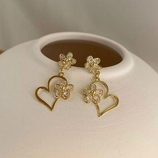 Rhinestone Heart Dangle Earring 1 Pair - Silver Needle - One Size