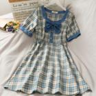 Ribbon-neckline Plaid A-line Dress