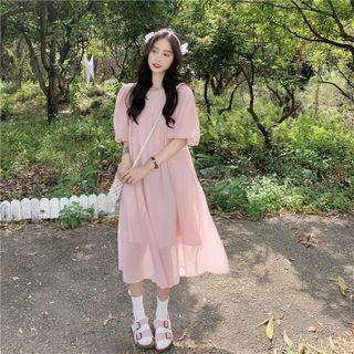Short-sleeve Bow-back Midi A-line Dress Pink - One Size