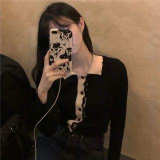 Polo-neck Two-tone Ruffled Knit Top
