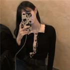 Polo-neck Two-tone Ruffled Knit Top