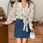 Long-sleeve Floral Tie-waist Chiffon Blouse Almond - One Size
