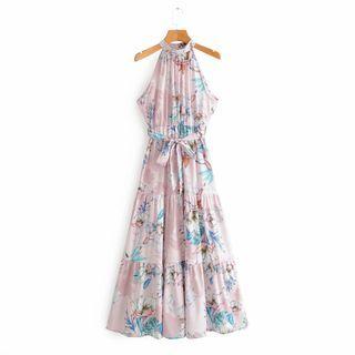 Floral Tie-waist Halter Maxi Dress