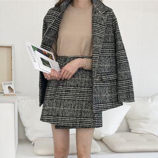 Set: Plaid Double-breasted Coat + Plaid A-line Skirt