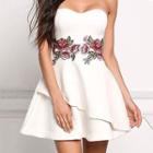 Flower Embroidered Strapless A-line Dress