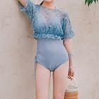 Set: Drawstring Swimsuit + Short-sleeve Floral Lace Top