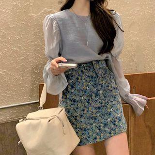 Long-sleeve Chiffon Blouse / Print A-line Skirt
