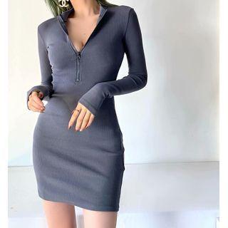 Mock-neck Long-sleeve Zip Mini Dress