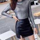 Mock Neck Long-sleeve T-shirt / Faux Leather A-line Skirt / Set