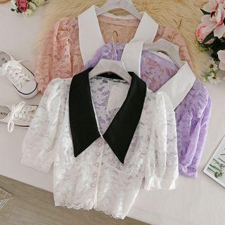 Doll Collar Puff-sleeved Lace Top