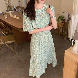 Floral Short-sleeve Midi A-line Dress Floral - Yellow - One Size
