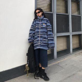 Embroidered Striped Fleece Zip-up Jacket