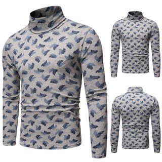 Mock-turtleneck Long-sleeve Feather Print T-shirt