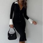 Long-sleeve Collar Two-tone Midi Sheath Dress