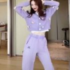 Bear Accent Cropped Cardigan / Sweatpants / Plain T-shirt
