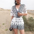 V-neck Tassel Embroidery Playsuit