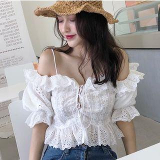 Off-shoulder Lace-up Front Short-sleeve Top