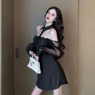 Puff-sleeve Paneled A-line Dress Black - One Size