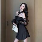 Puff-sleeve Paneled A-line Dress Black - One Size