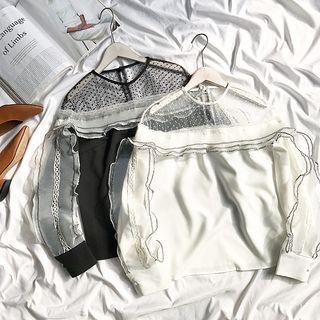 See-through Mesh Panel Ruffle Long-sleeve Blouse