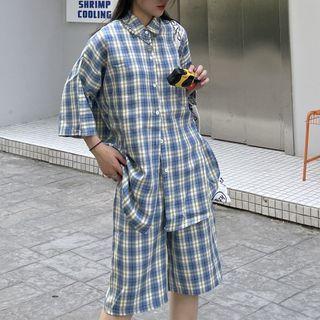 Set: Short-sleeve Plaid Shirt + Straight Leg Shorts