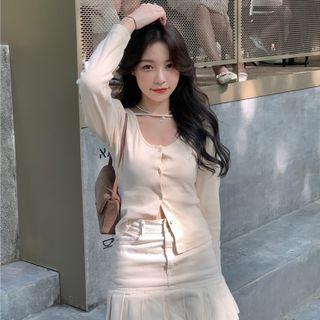 Long-sleeve Button-up Top / Mini A-line Skirt
