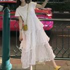 Short-sleeve Lace Midi A-line Tiered Dress