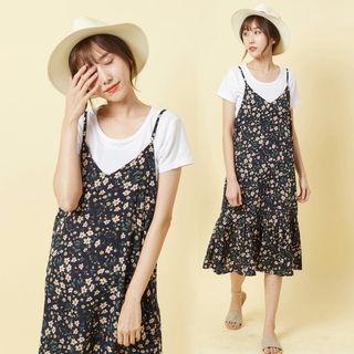 Set: Short Sleeve Plain Top + Floral Print Spaghetti-strap Dress Blue - One Size