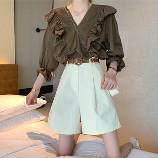 Set: Batwing Sleeve V-neck Ruffled Top + High Waist A-line Shorts