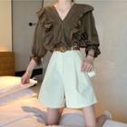 Set: Batwing Sleeve V-neck Ruffled Top + High Waist A-line Shorts