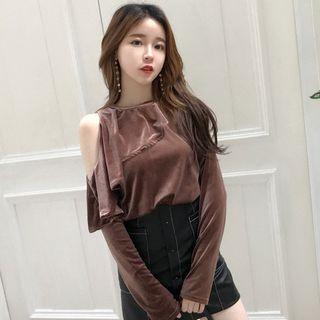 Cutout Shoulder Ruffle Trim Long-sleeve Top