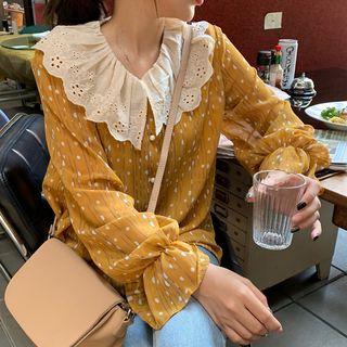 Eyelet Collar Dotted Chiffon Blouse Yellow - One Size