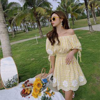 Gingham Short-sleeve Eyelet Mini A-line Dress