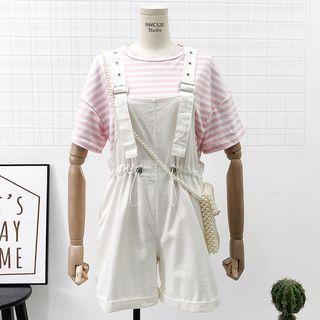 Set: Striped T-shirt + Drawstring-waist Plain Playsuit