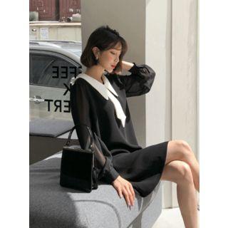 Contrast-collar Sheer-sleeve Mini Dress