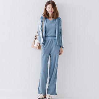 Set: V-neck Knit Tank Top + Open Front Cardigan + Wide-leg Knit Pants