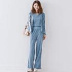 Set: V-neck Knit Tank Top + Open Front Cardigan + Wide-leg Knit Pants