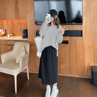 Set: Long-sleeve Striped T-shirt + Midi A-line Skirt