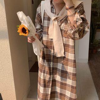 Long-sleeve Plaid Dress + Shawl Plaid Dress + Shawl - One Size