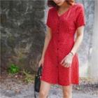 V-neck Tie-waist Pattern Dress Red - One Size