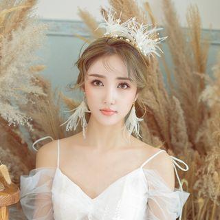Wedding Set: Rhinestone Faux Pearl Feather Tiara + Fringe Dangle Earring Set Of 2 - Tiara & 1 Pair - Dangle Earring - Clip On Earring - As Shown In Figure - One Size