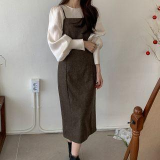 Puff-sleeve Blouse / Spaghetti Strap Plaid Midi Dress