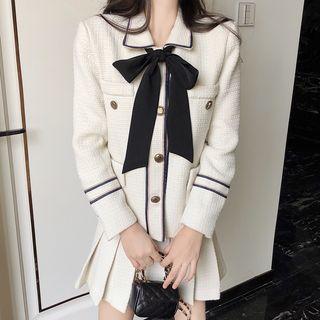 Bow Accent Button Jacket / Pleated Skirt