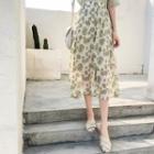 Flower Print A-line Midi Chiffon Skirt Green - One Size