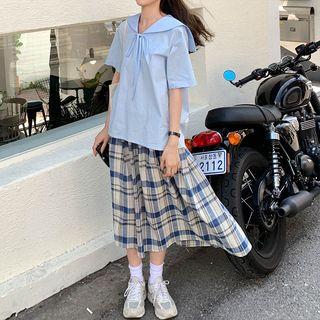 Elbow-sleeve Wide Collar Top / Plaid A-line Midi Skirt