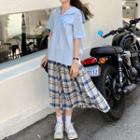 Elbow-sleeve Wide Collar Top / Plaid A-line Midi Skirt