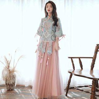 3/4-sleeve Embroidered Maxi A-line Qipao Dress (various Designs)