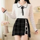 Long-sleeve Lace Blouse / Tweed Mini A-line Skirt